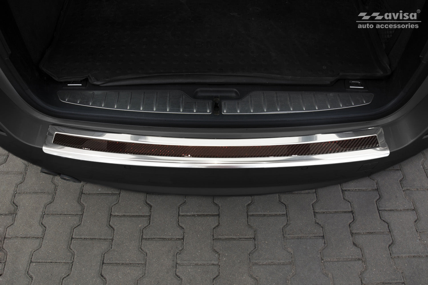 protector de parachoques trasero BMW 5 F11 touring espejo acero, rojo&negro fibra de carbono