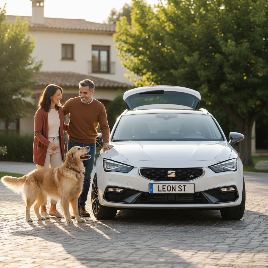 Pareja feliz con perro y SEAT Leon ST 2020